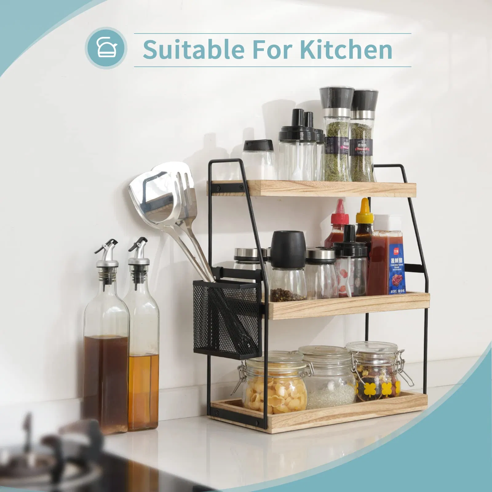 Bathroom Organizer Countertop 2-Tier Standing Counter Wood Tray for Kitchen Vanity Organizer