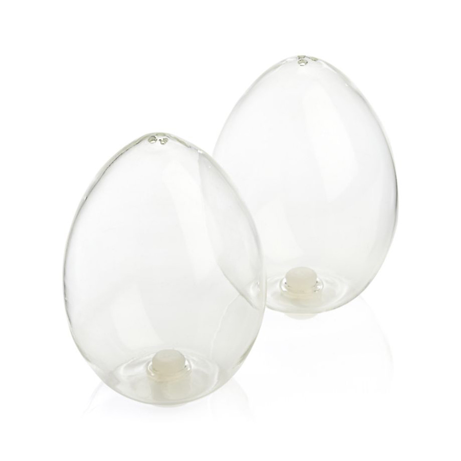 Striped Pottery Egg Shaped Salt and Pepper Shakers Glass Clear Brown