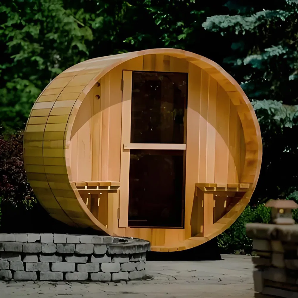 Уличная бочкообразная сауна с подогревом для дачи