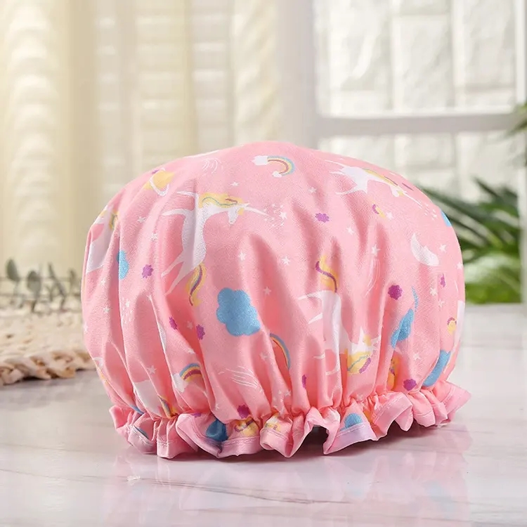 Customized Shower Cap Waterproof 2 Layer Reusable Bath Shower Cap