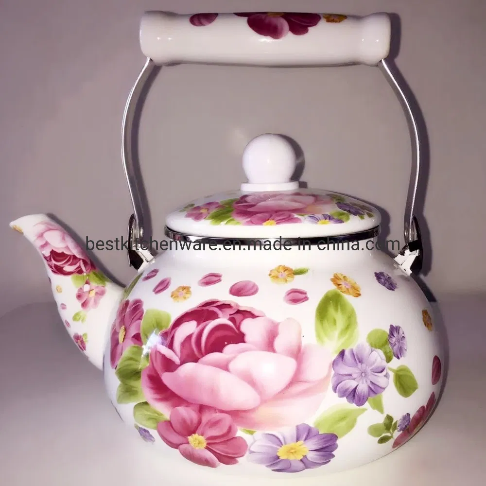 Full Coverage Floral Enamel Tea Pot with Ceramic Handle