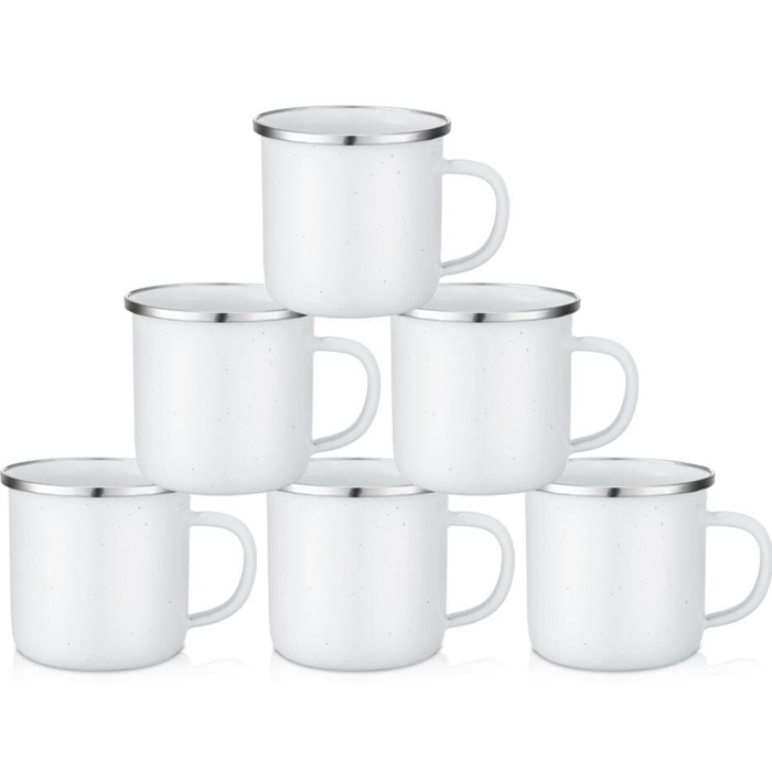 Sublimation Blank White Enamel Mug 12 Oz with Silver Rim Camping Travel Coffee