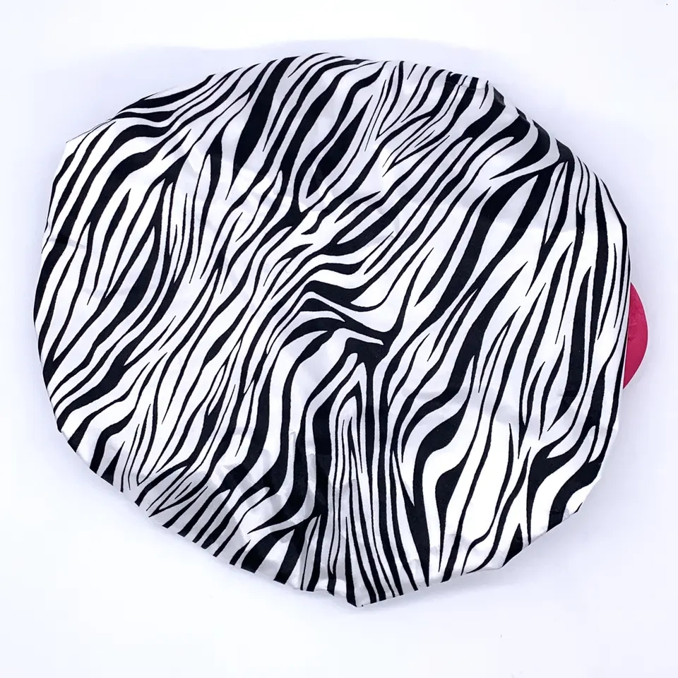 Zebra Printing Polyester Satin Fabric Double Layer Shower Caps with Flower