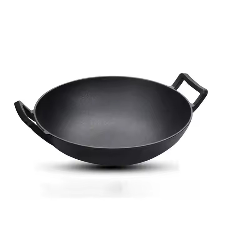 Best Price Black Non Stick Big Woks Cast Iron Pre Seasoned Wok with Double Ears Cast Iron Cookware Wok