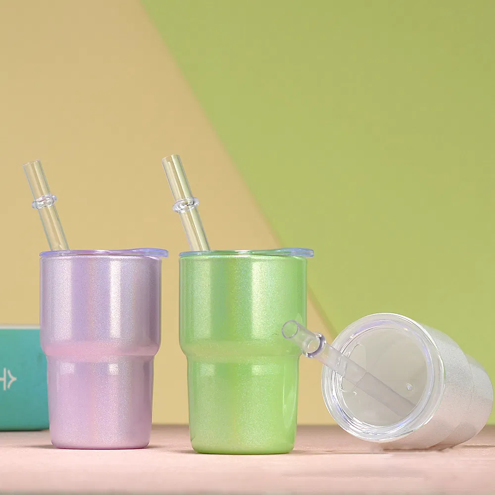 2oz 3oz Sublimation Glitter Shimmer White Shot Glass Cup Small Cute Mini Frosted Clear Glass Tumbler with Straw and Lids