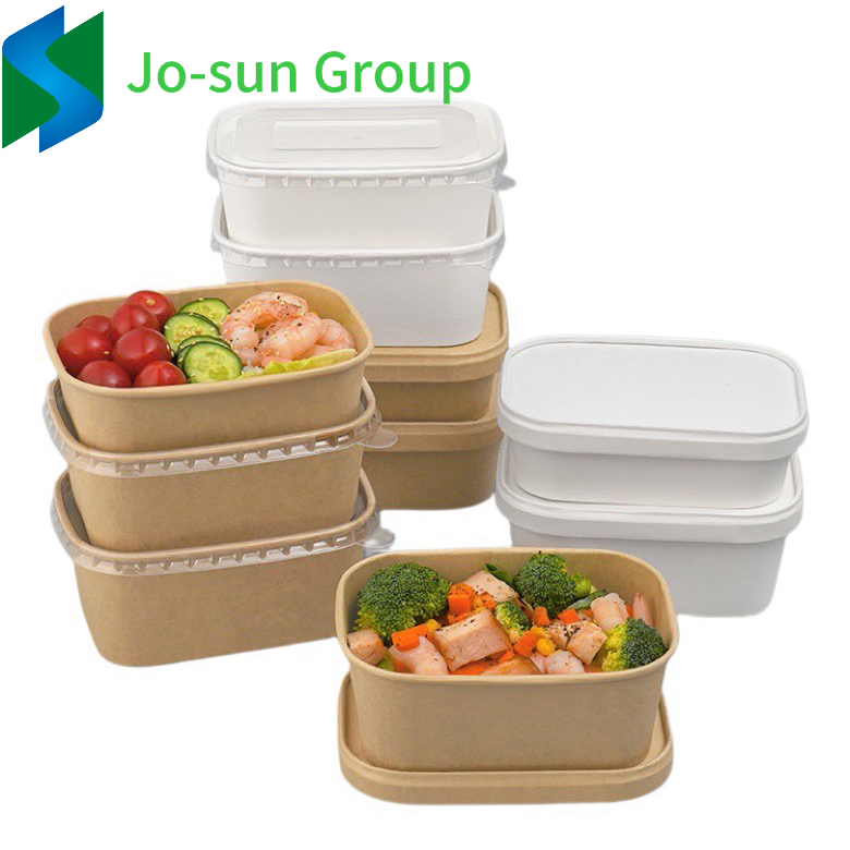 Jo-Sun Hot Sale Food Grade Disposable Takeaway Fast Food Container Kraft Paper Rectangular Bowl with Lid