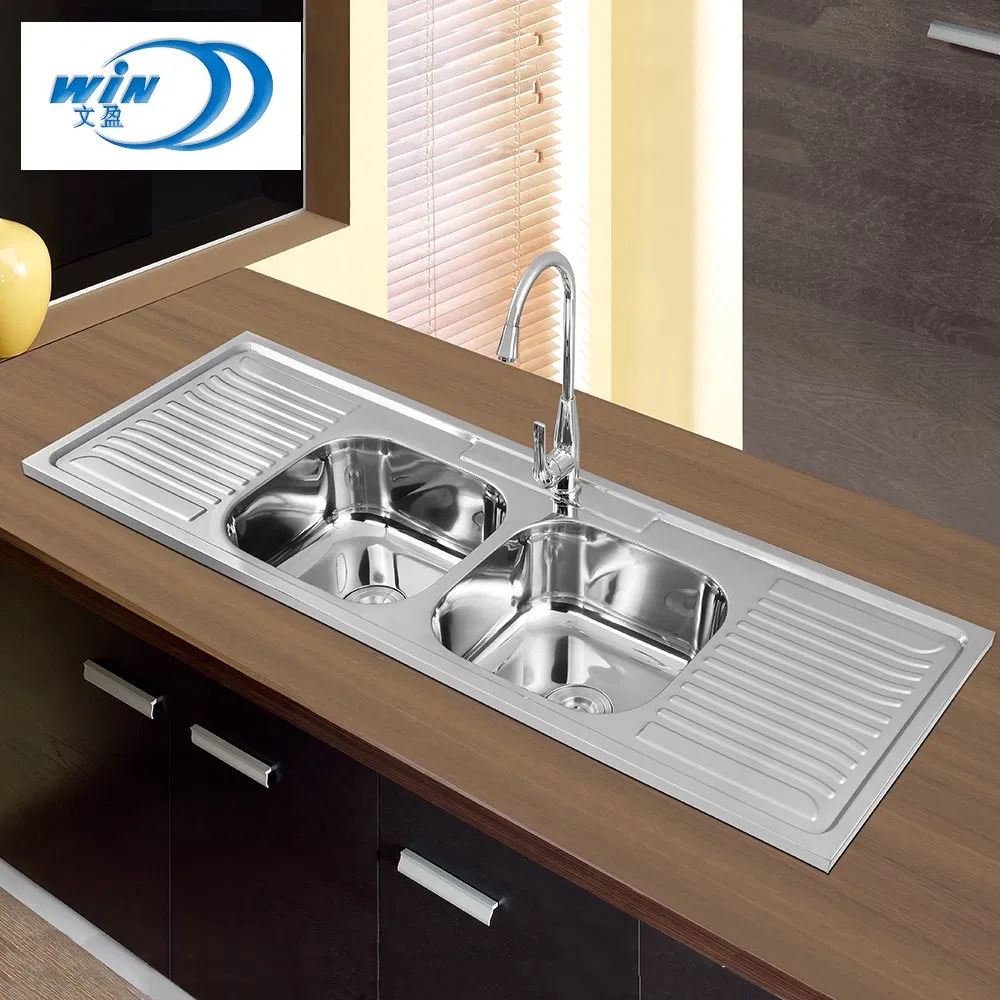Popular Large Double Bowl Stainless Steel Kitchen Sink with Drainboard 1500*500mm