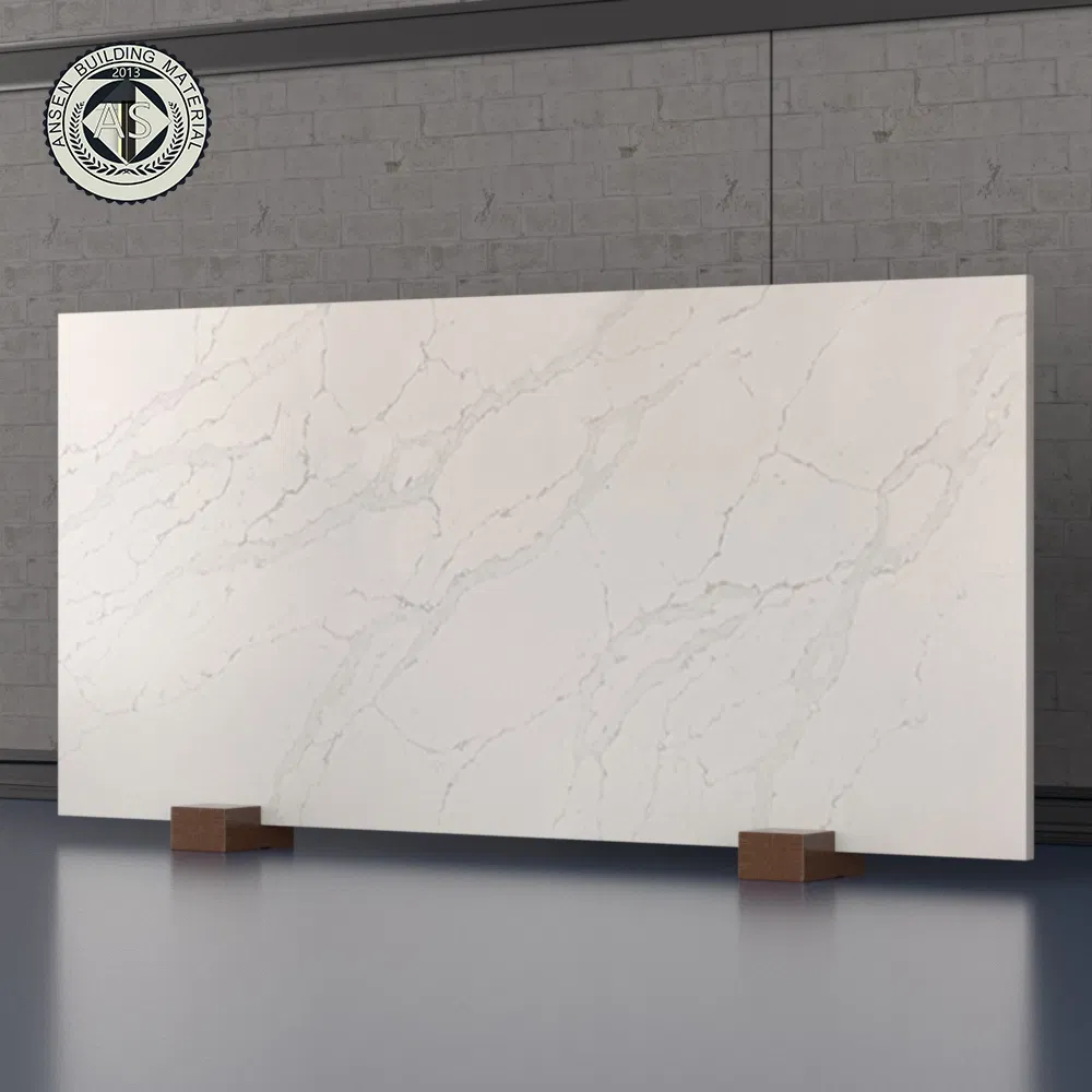 Artificial Quartz Slabs White Color Grey Veins Calacatta White Quartz Stone for Countertop