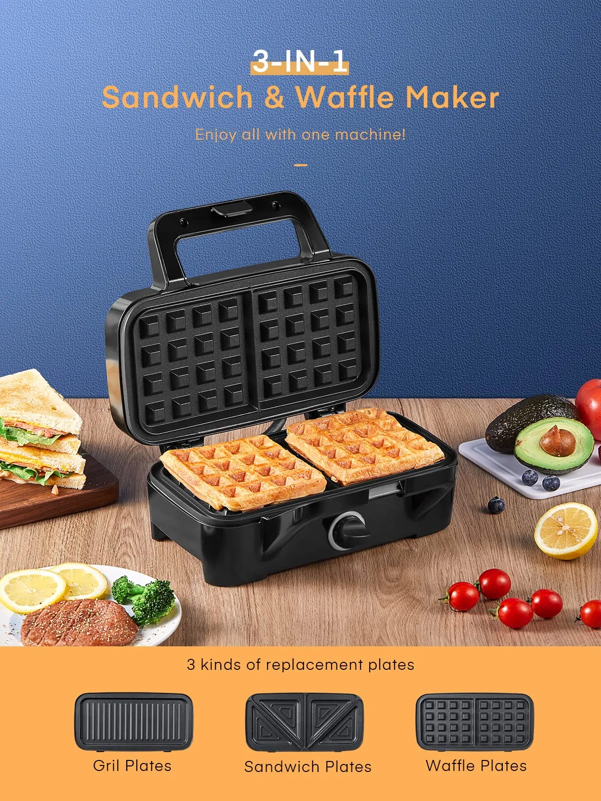 Indicator Lights Interchangeable Non-Stick Panini Press Removable Plates Waffle Sandwich Maker
