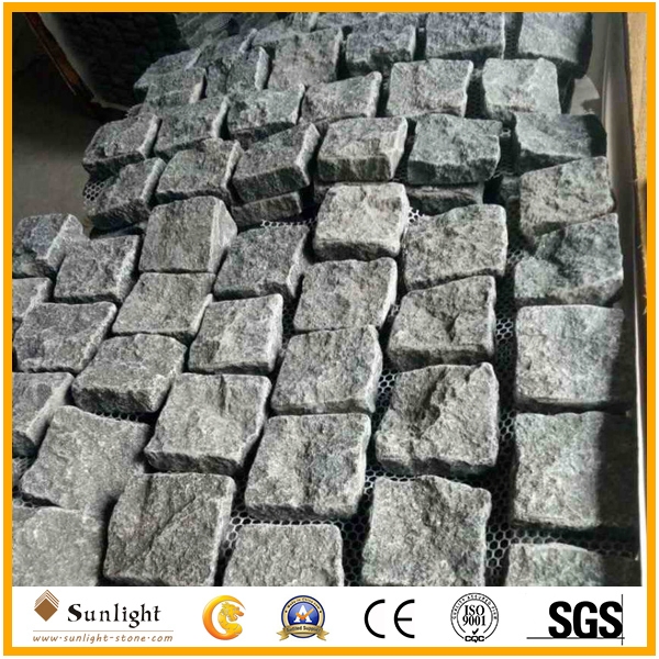 Natural Split G684 Black Basalt Cobblestone Paving Stone on Mesh