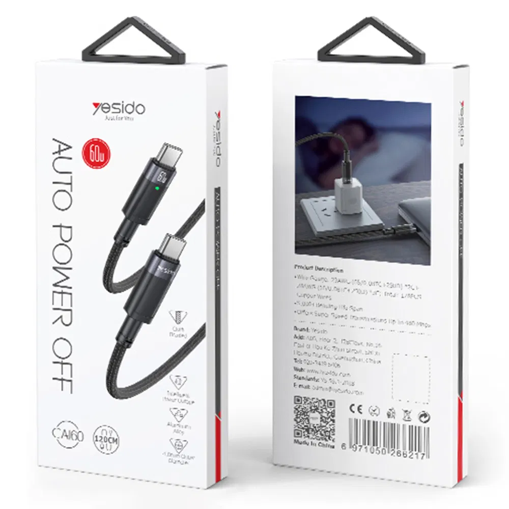 Yesido Ca160 Pd 60W Auto Power off Charging Cable USB-C to USB-C Mobile Phone Data Cable