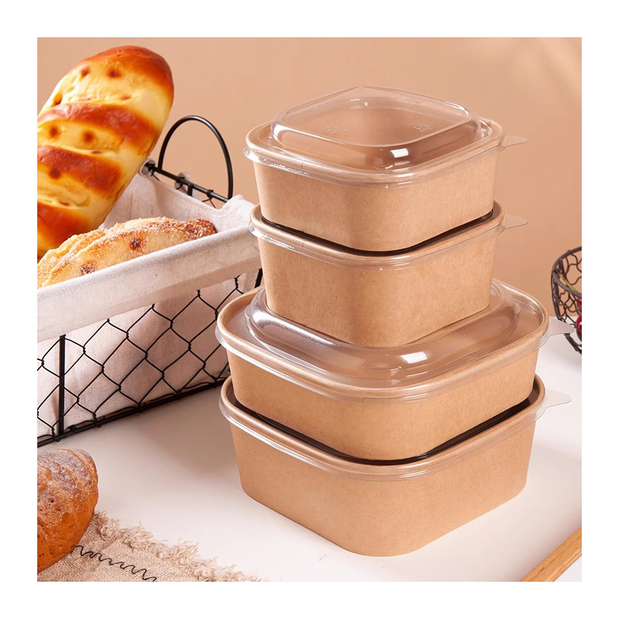 Disposable Logo Printed Food Grade Kraft Paper Salad Takeaway Container Heat Resistant Soup Sushi Fruit Bowls with Clear Lid