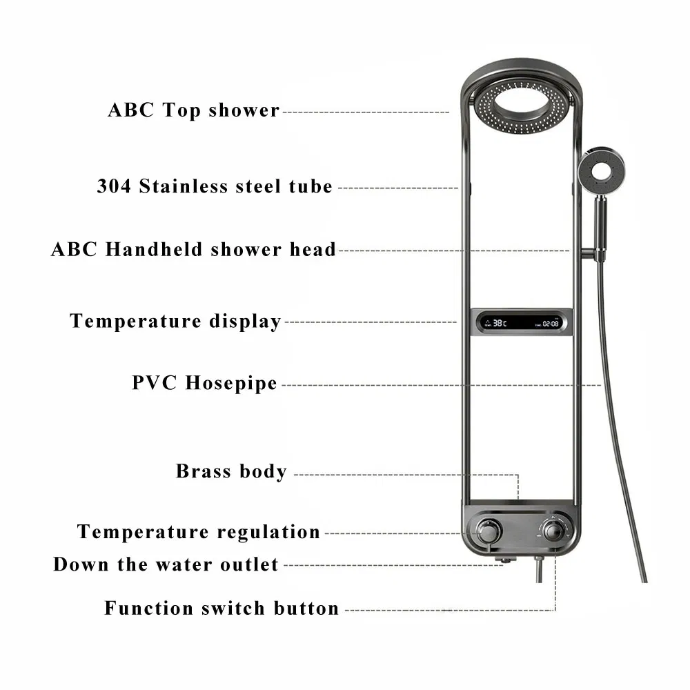 Gun Grey Stainless Steel LED Digital Display Shower Panel