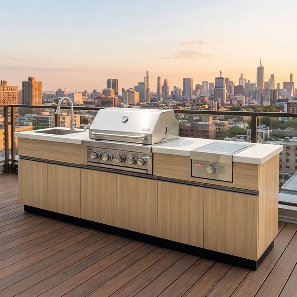 Premium APP-Managed Outdoor Kitchen with Stone Countertop and LED Lights