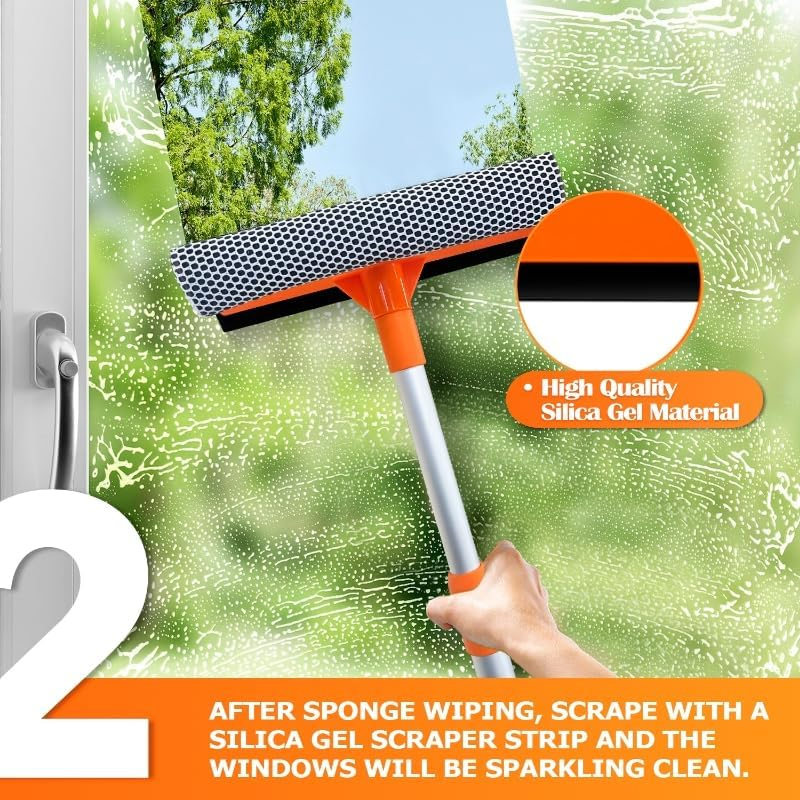 Squeegee for Window 2-in-1 Window Cleaner Sponge and Soft Rubber Strip with Telescopic Extension Pole Window Washer for Shower, Car Cleaner