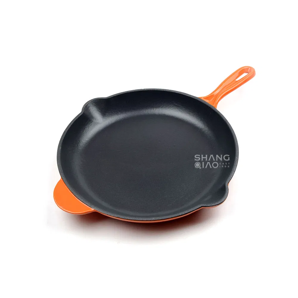 Integrated Long Handle Round Enameled Cast Iron Fry Pan