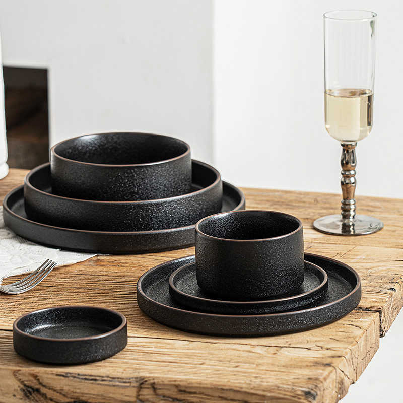 Nordic Ceramic Stackable Tableware Western Food Plate Bowl Black Dinnerware for Restaurant