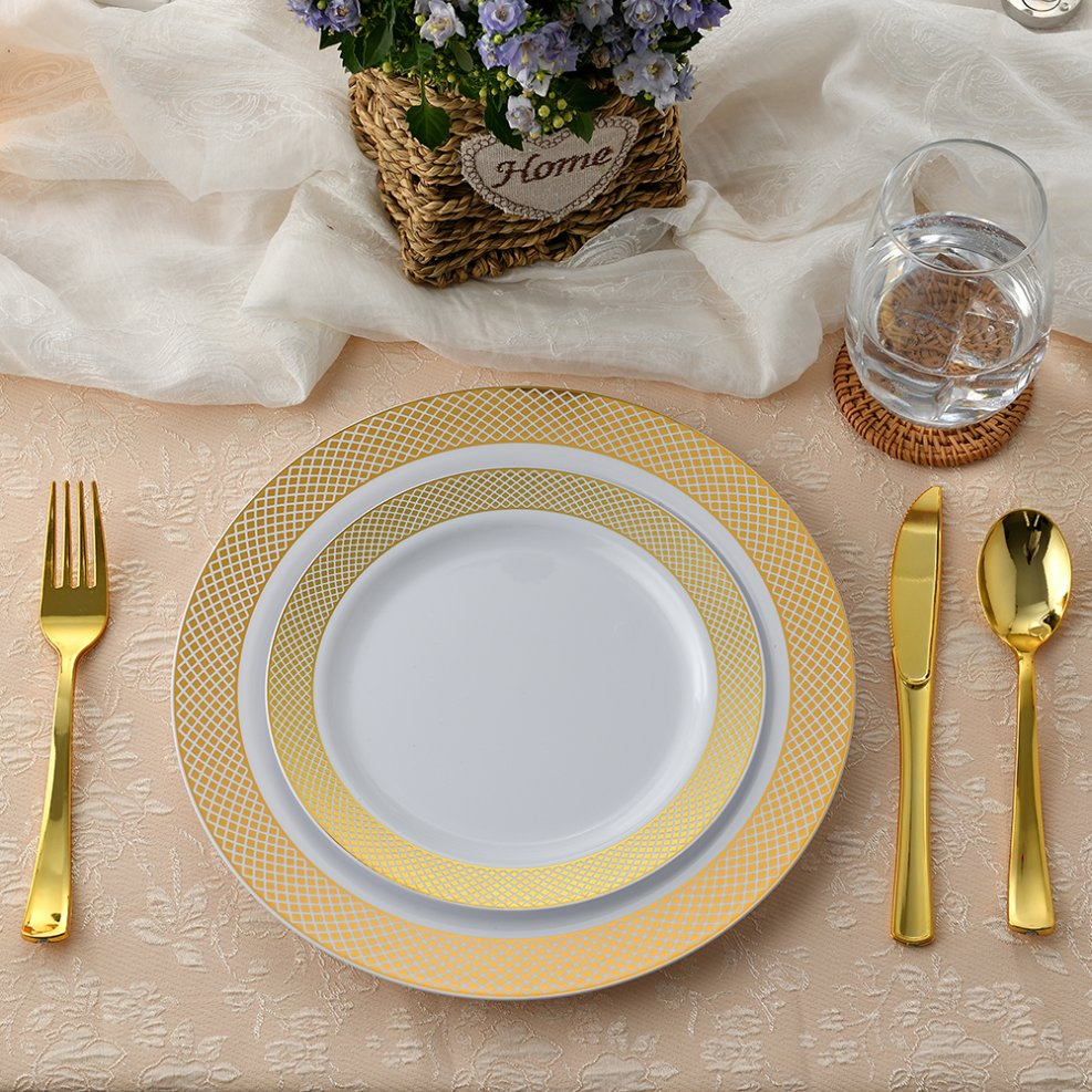 175PCS Elegant 7.5 Inch 10.25" White Plastic Plate with Gold Hollow Rim PS Charger Plates for Camping/Wedding/Party