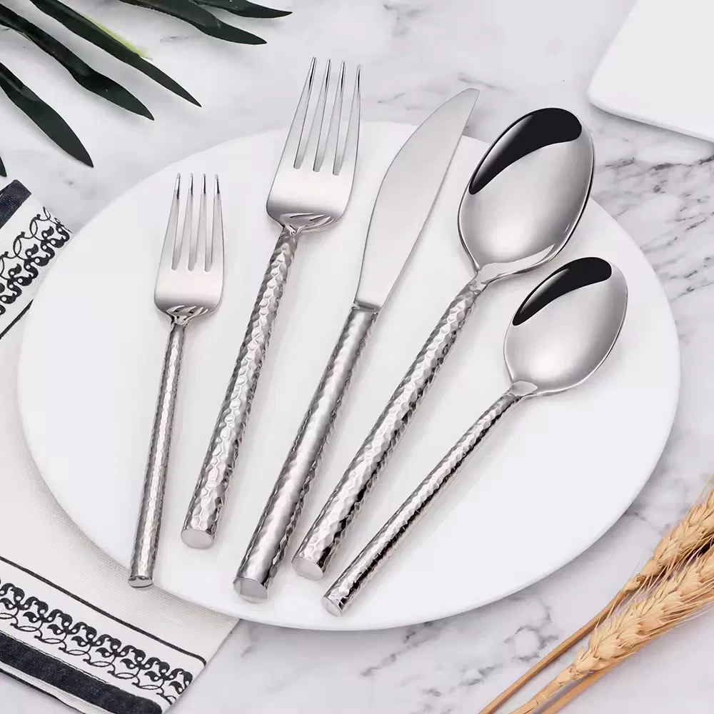 High Quality Stainless Steel 18/10 Hand Forged Spoons and Forks Gold Flatware Set Heavy Duty Hammered Cutlery