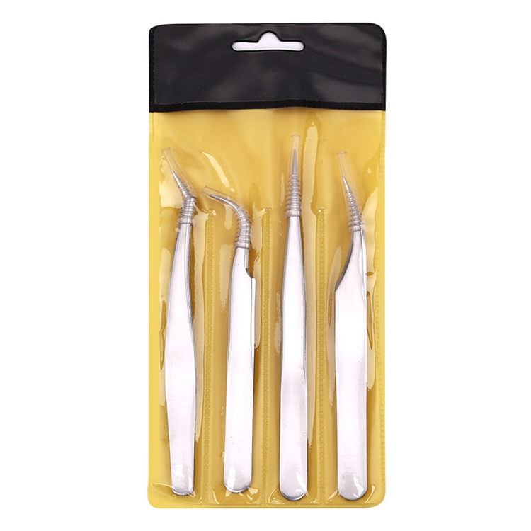 4PCS Custom Logo High Quality Stainless Steel Rainbow Straight Curved Lash Volume Diamond Grip Eyebrow Eyelash Extension Tweezers Set