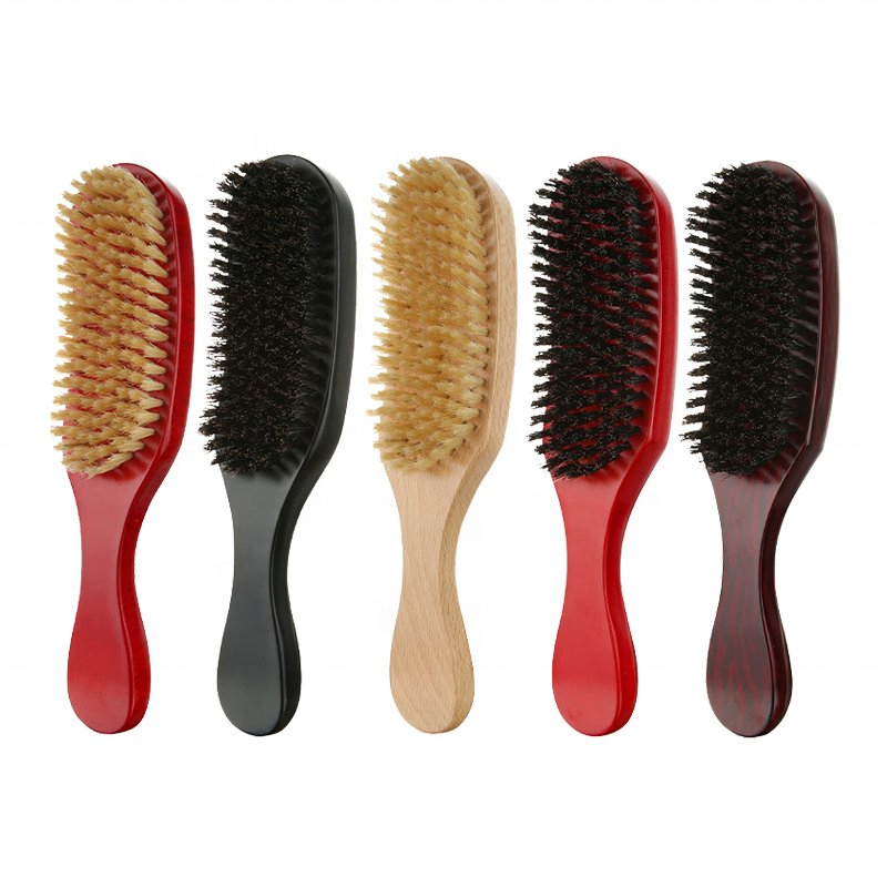 Luxurious Black Glossy Curve Wooden Handle Beard Brush Medium Soft Hard Hair 360 Wave Brush with 100% Boar Bristle