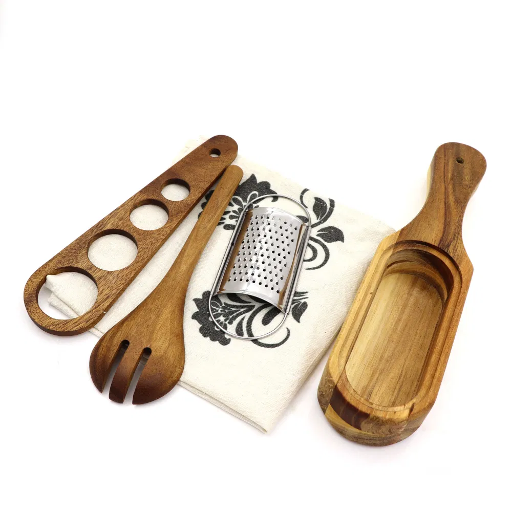 Acacia Wood Spaghetti Tools Measurer Grater Fork Printed Cotton 4PCS