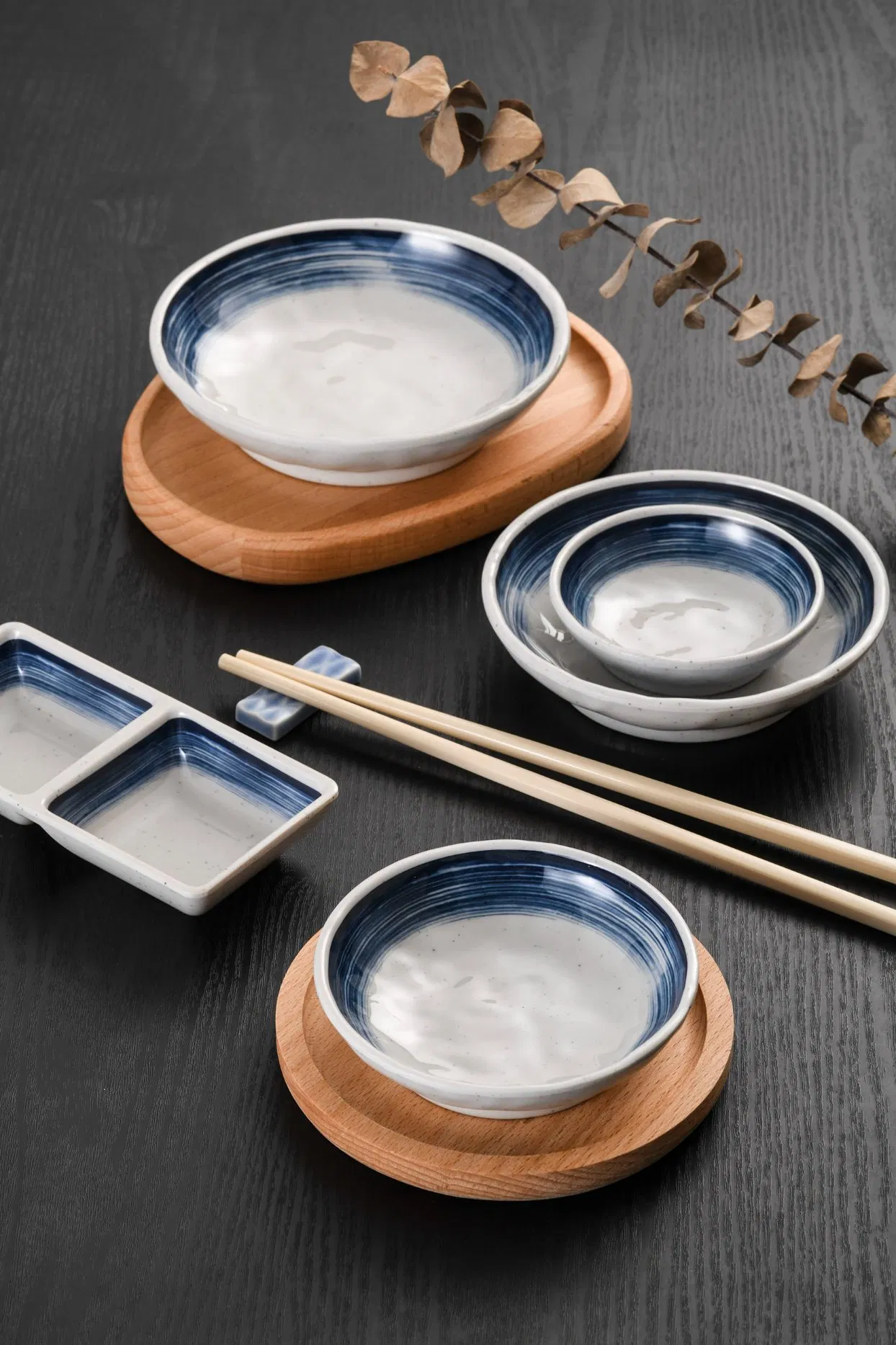 2023 New Design Blue Lines Design Melamine 2-Divided Soy Sauce Dish Plate