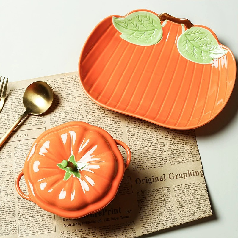 Cute Pumpkin Cooking Pot Ceramic Stove Bowl Plates with Double Handles