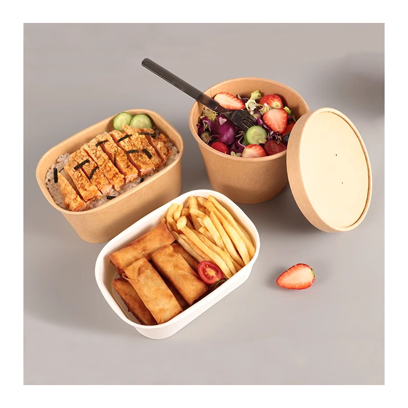Custom Logo Printed Rectangle Food Packing Kraft Containers Square Round Food Grade Greaseproof Salad Fruit Dessert Sushi Takeaway Paper Bowl