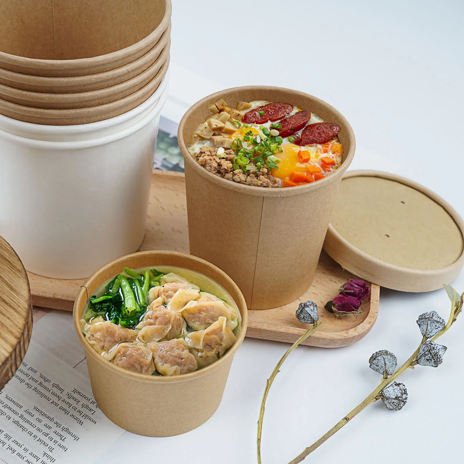 Kraft Paper Soup Container with Lid for Takeaway Packaging