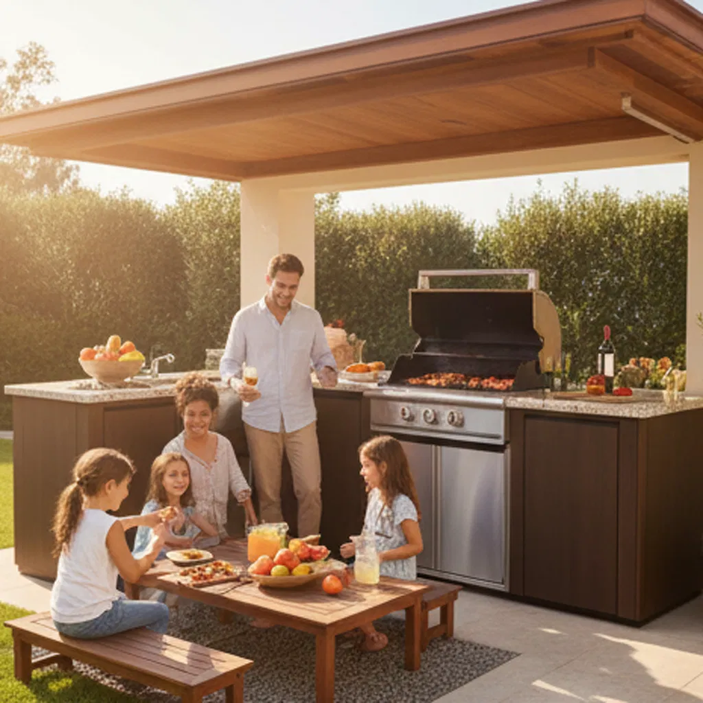 Modern Outdoor Gas Grill Trolley with Fridge and Storage Cabinet