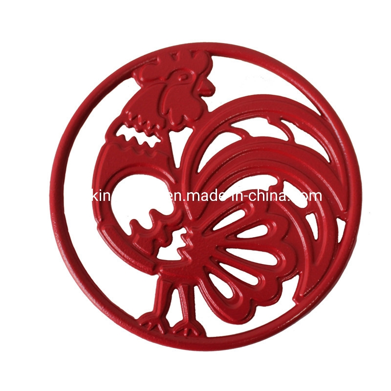 Beautiful Enamel 9'' Antique Metal Round Cast Iron Rooster Trivet