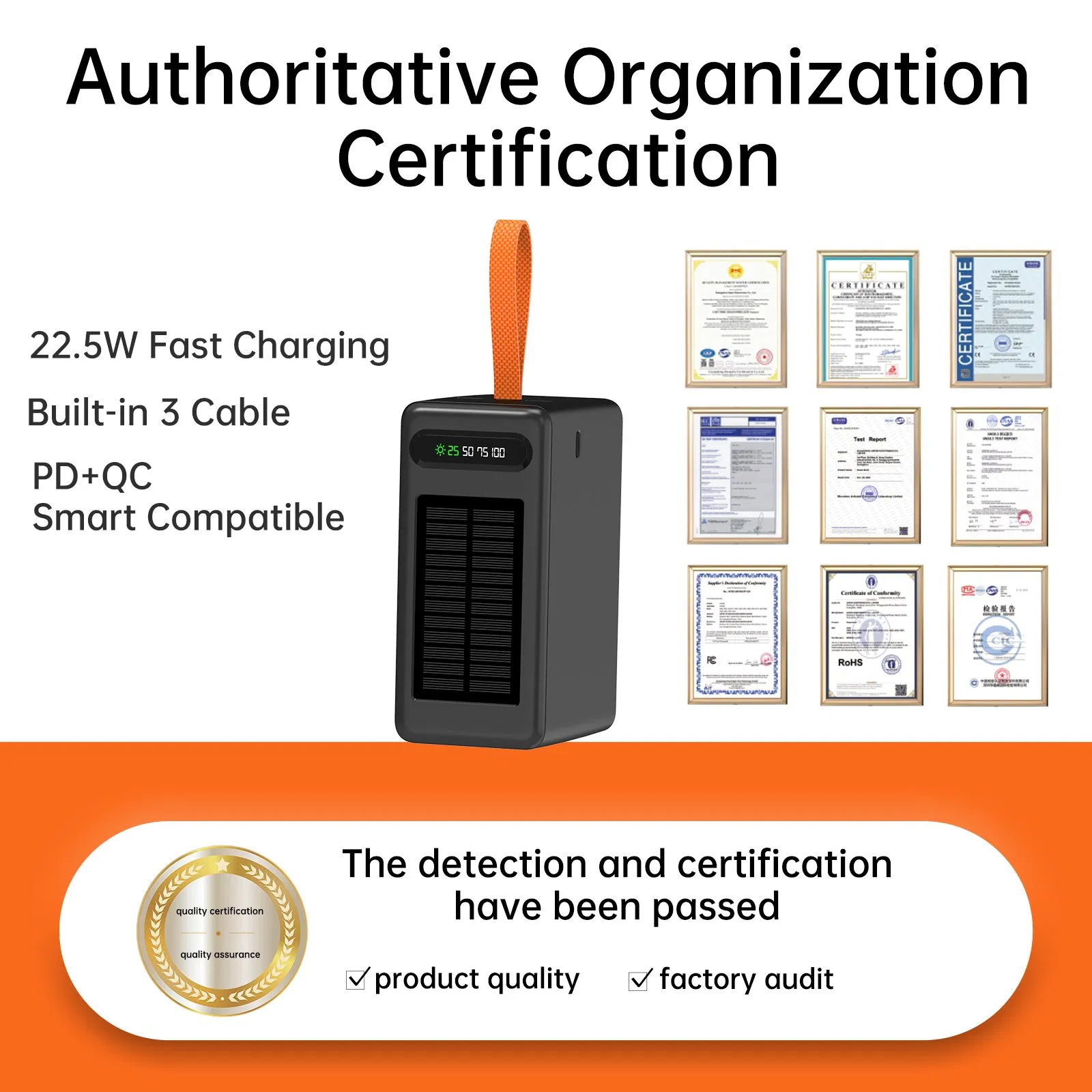 80000mAh Portable Solar Power Bank 22.5W Built-in Cable Battery Charger Aspor A377