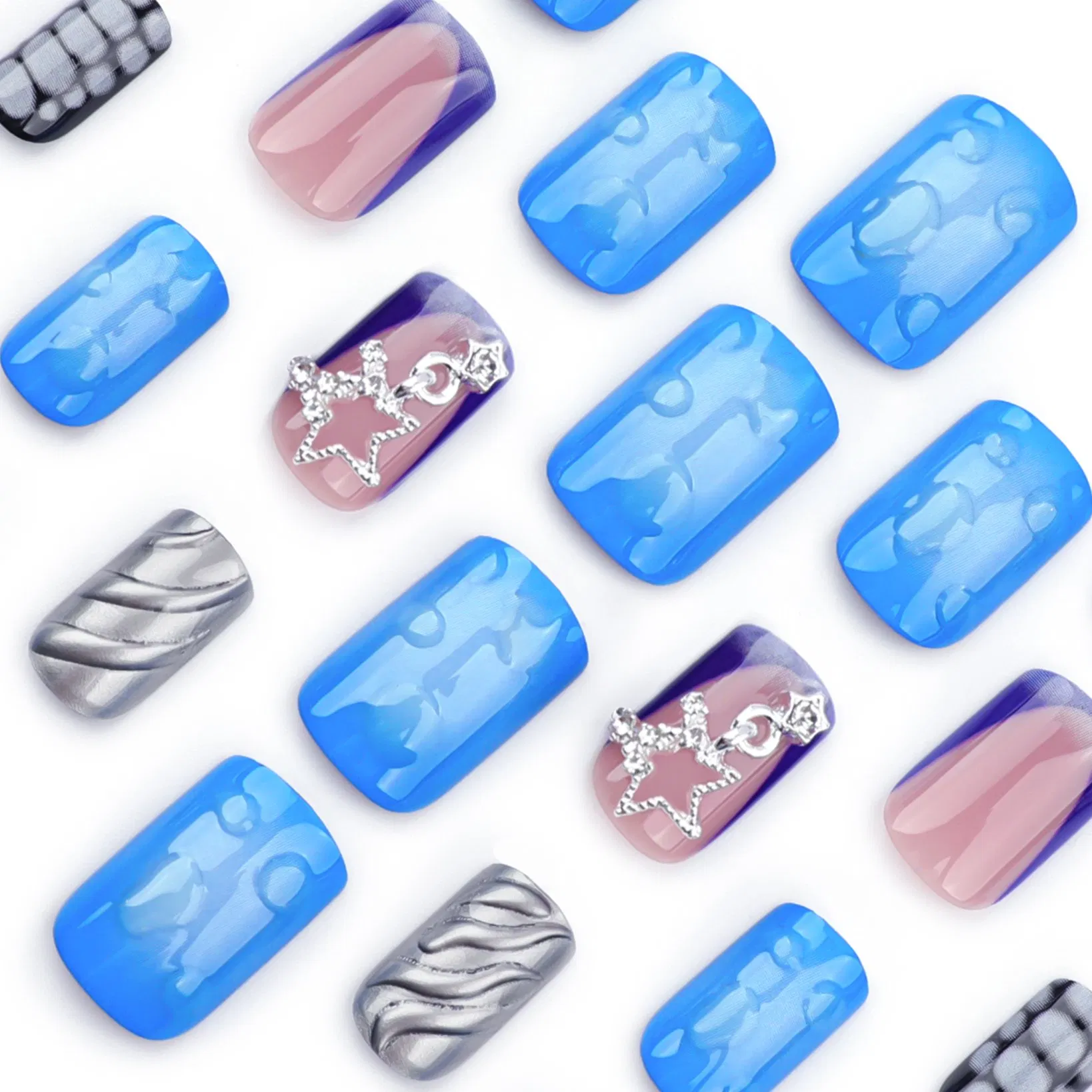 Long Natural Square Shaped Press on False Nails New 3D Style Fingernails