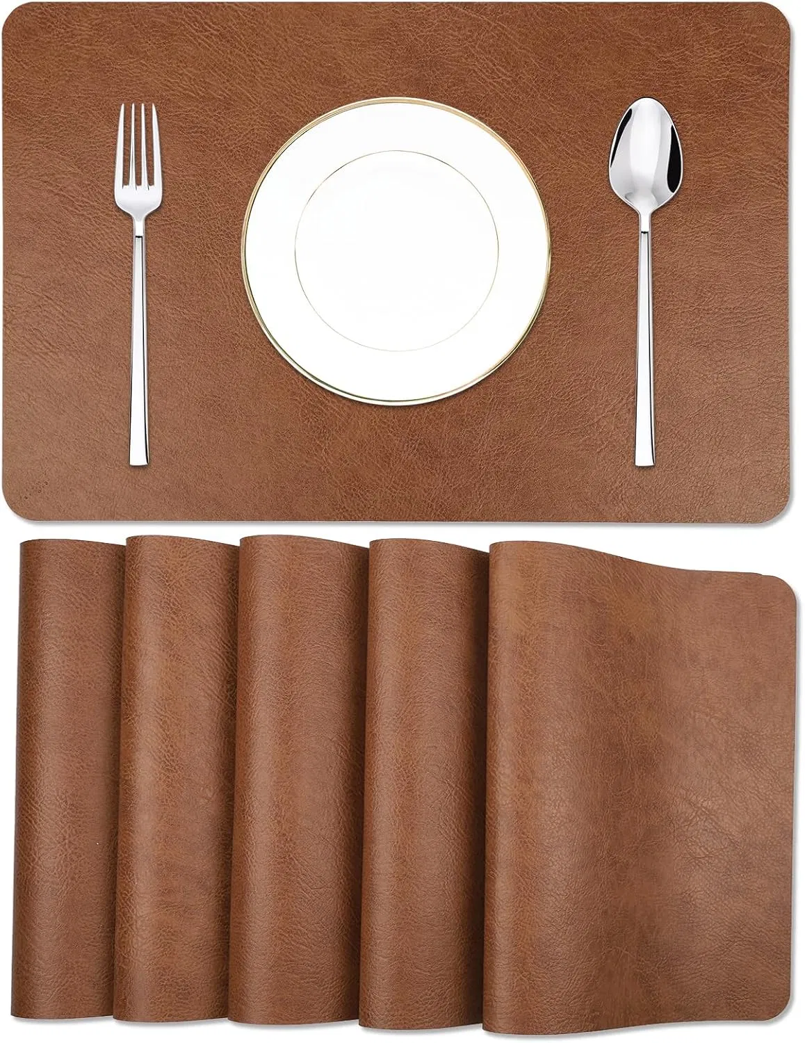Cowhide Pattern Faux Leather Placemats Set of 6,Heat Resistant Non-Slip Waterproof Wipeable Washable Kitchen Dining PU Table Place Mats,Double-Sides Available,D