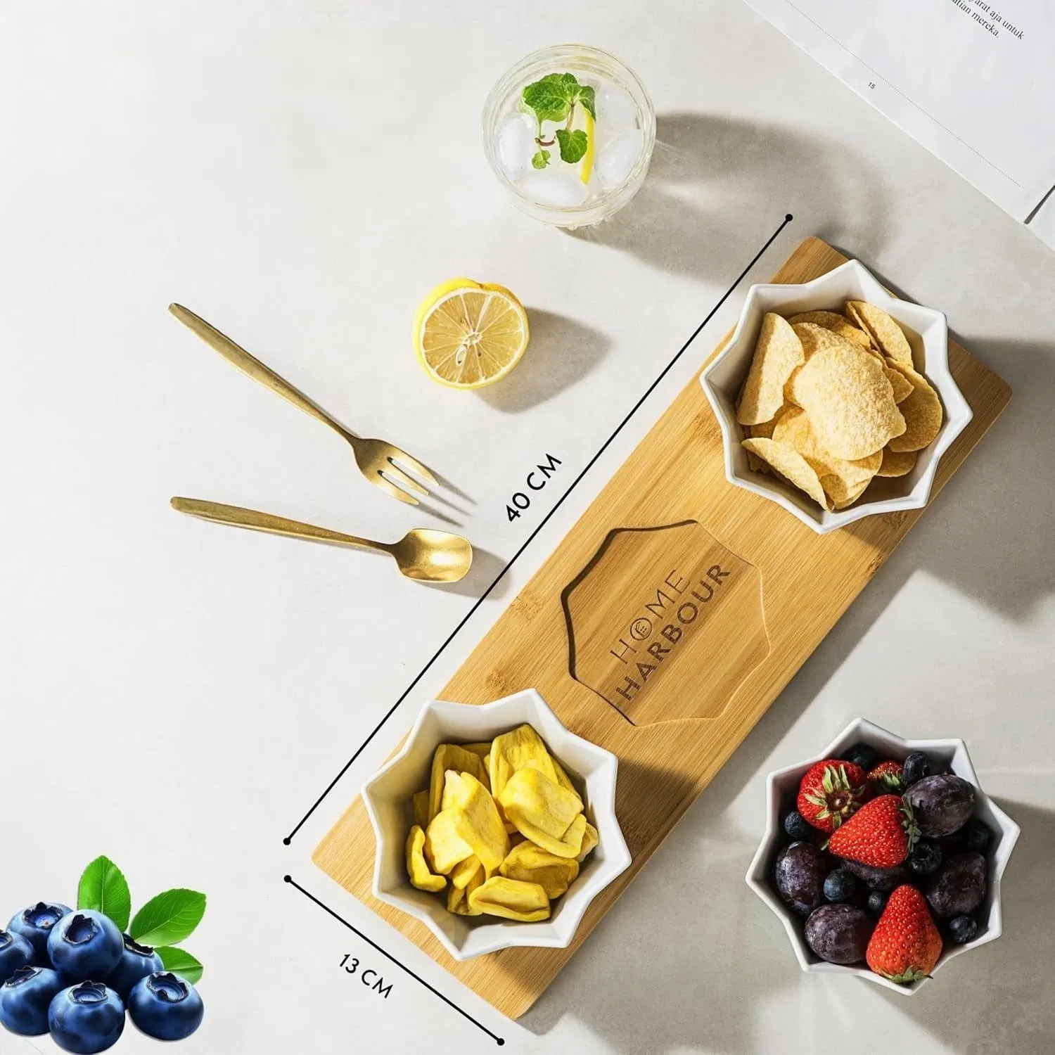 3-Section Ceramic Serving Tray Set with Bamboo Board Appetizer, Snack, DIP & Starter Platter for Parties, Holidays, Weddings