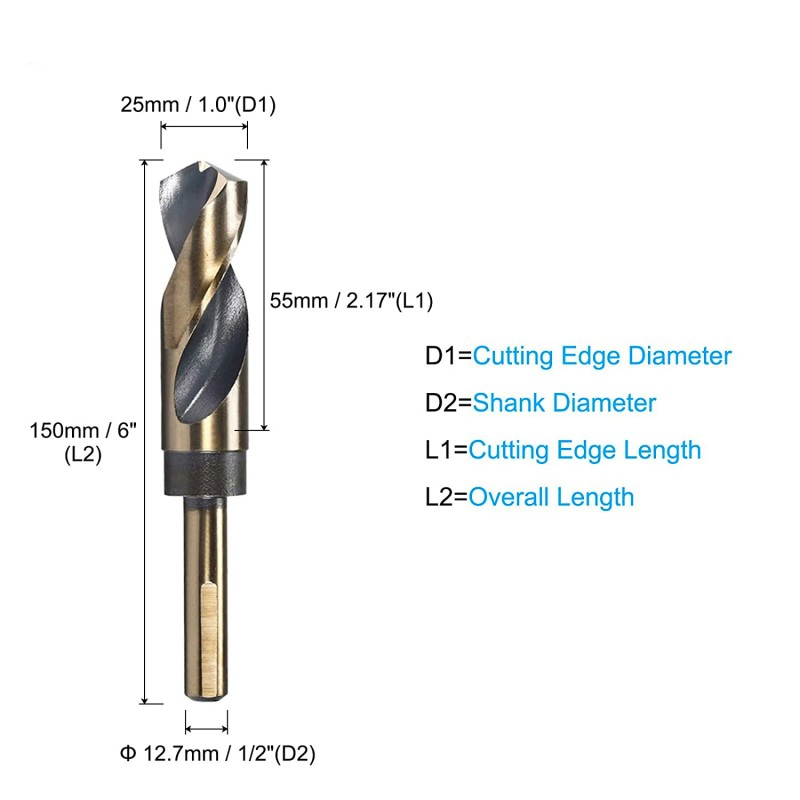 Titanium & Nitride Coated Reduced Shank 25mm Cutting Edge Twist Drill Bit