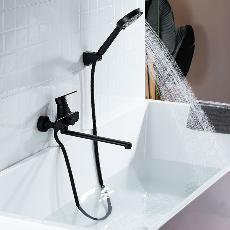 Black Long Spout Brass Simple Shower Bathtub Faucet with Shower Diverter