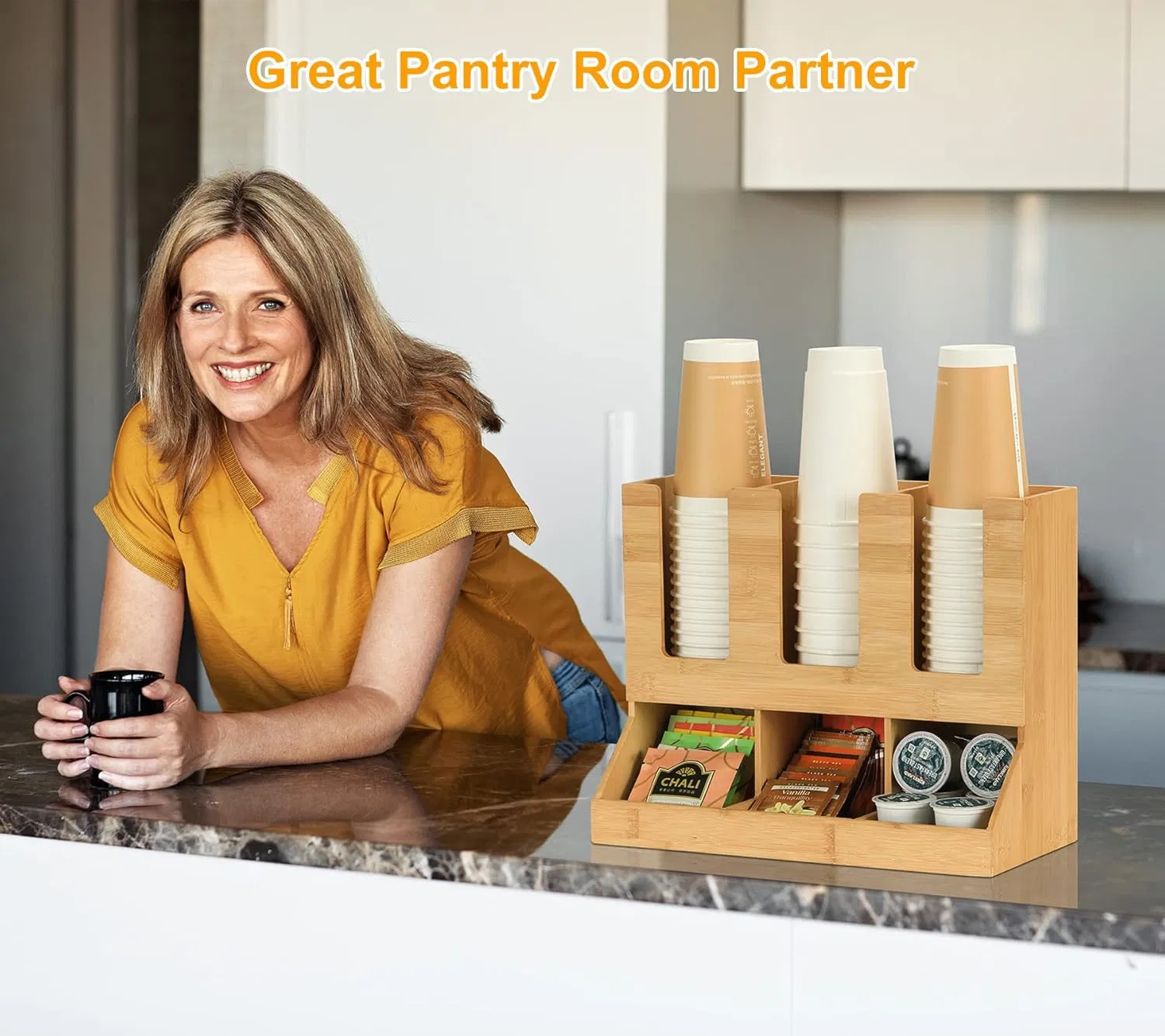 Bamboo Household Office Tea Bag, Coffee Bag, Water Cup Storage Rack