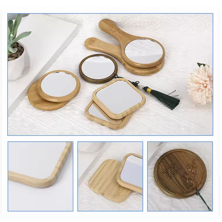 Custom Eco Friendly Small Round Square Bamboo Wood Pocket Mirror Travel Portable Wooden Makeup Mirror