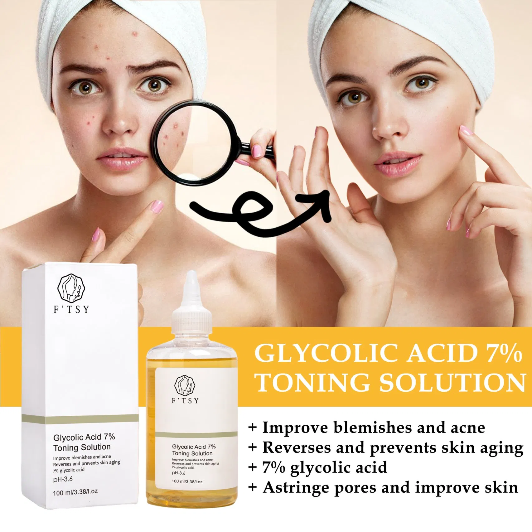 ODM&OEM Private Labe 100% Organic Natural Whitening Hydrating Skin Face Toner Acide Glycolique 7% Toner