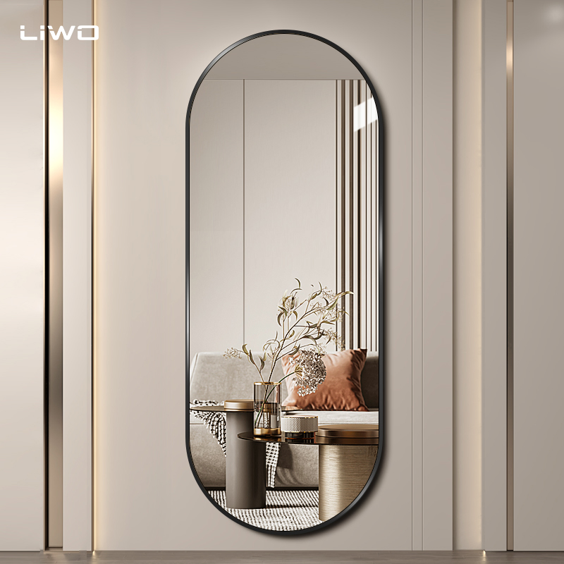 Modern Arched Shape Full-Length Mirror Aluminum Alloy Framed Silver Glass Wall-Mounted Vanity Dressing Clothing Cosmetic Living Room Furniture Home Decoration