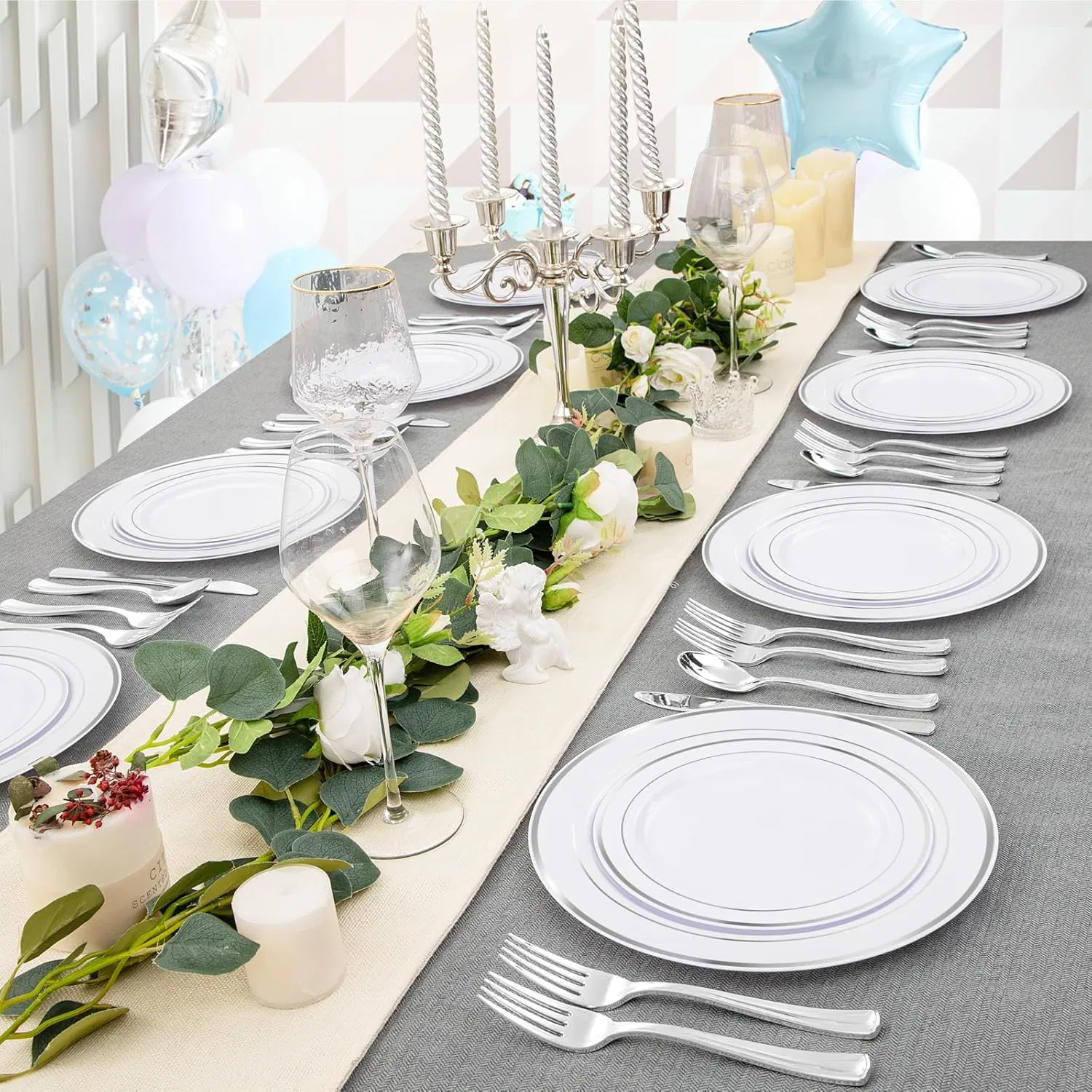 Premium Heavy Duty White & Silver Disposable Dinner Plates