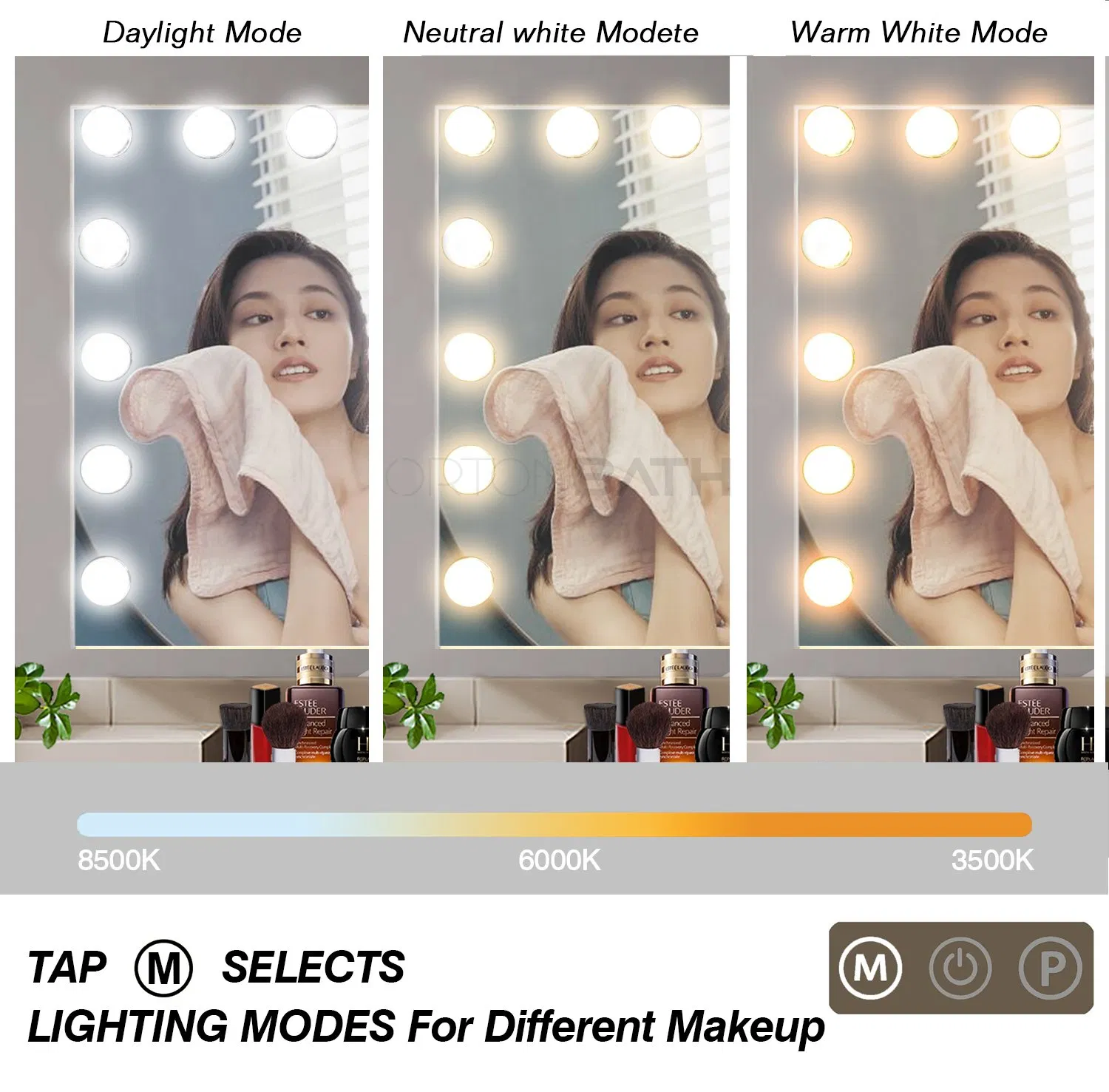 Ortonbath Vanity Mirror with Lights, Hollywood Lighted Makeup Mirror with 3 Color Lighting Modes and 12 Dimmable Bulbs, Detachable 5X Magnification, Smart Touch
