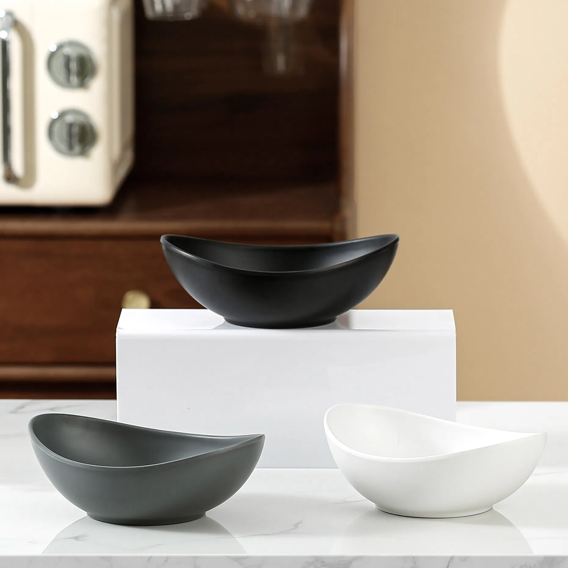 White Melamine Kanoo Bowl Modern Nordic Oval Shaped Plastic Bowl Double Color Ice Cream Fruit Melamine Oval Bowl