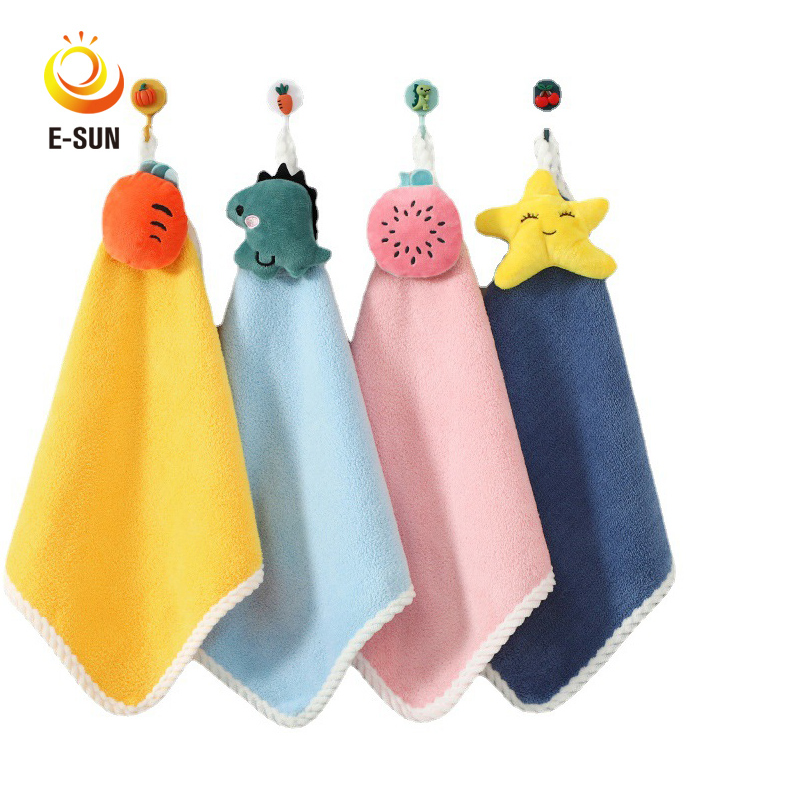 Esun Highly Absorbent Coral Fleece Cute Cartoon Kids Hanging Hand Towels for Kitchen