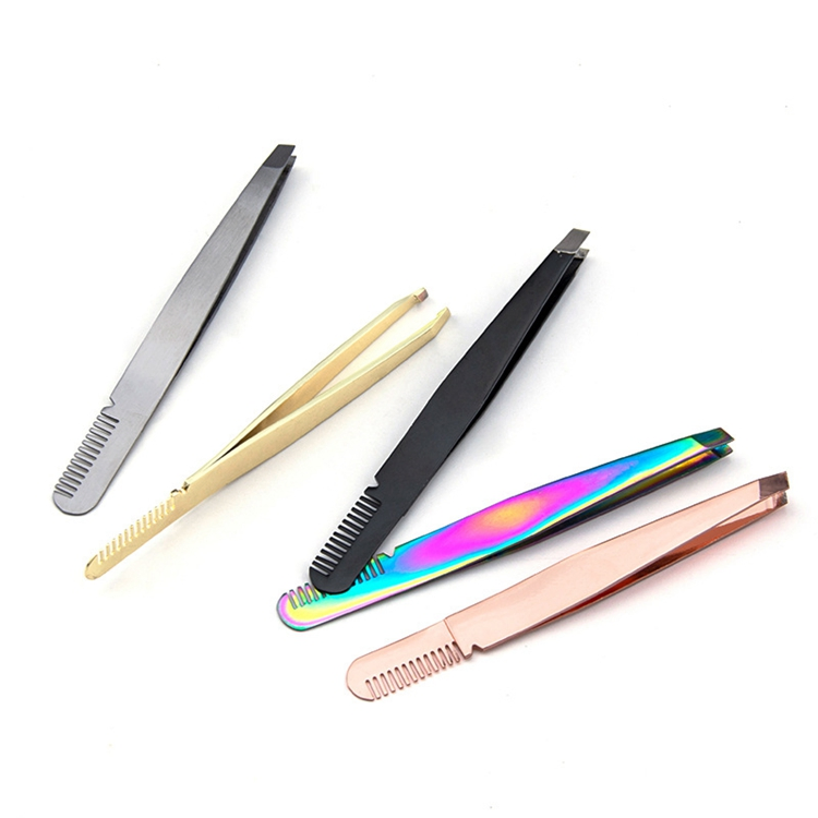 Professional 2 in 1 Hair Removal Trimming Custom Color Multifunction Stainless Steel Eyelash Tools Eyebrow Tweezers with Comb
