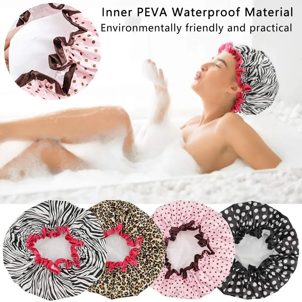 Zebra Printing Polyester Satin Fabric Double Layer Shower Caps with Flower