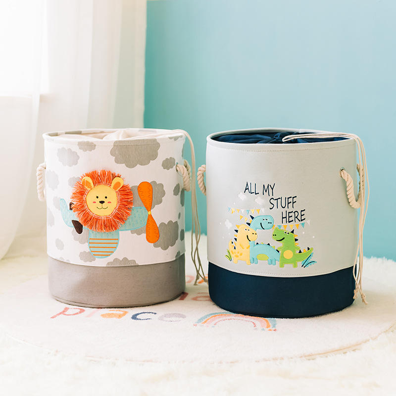Canvas Cute Animal Pattern Round Toy Storage and Laundry Basket