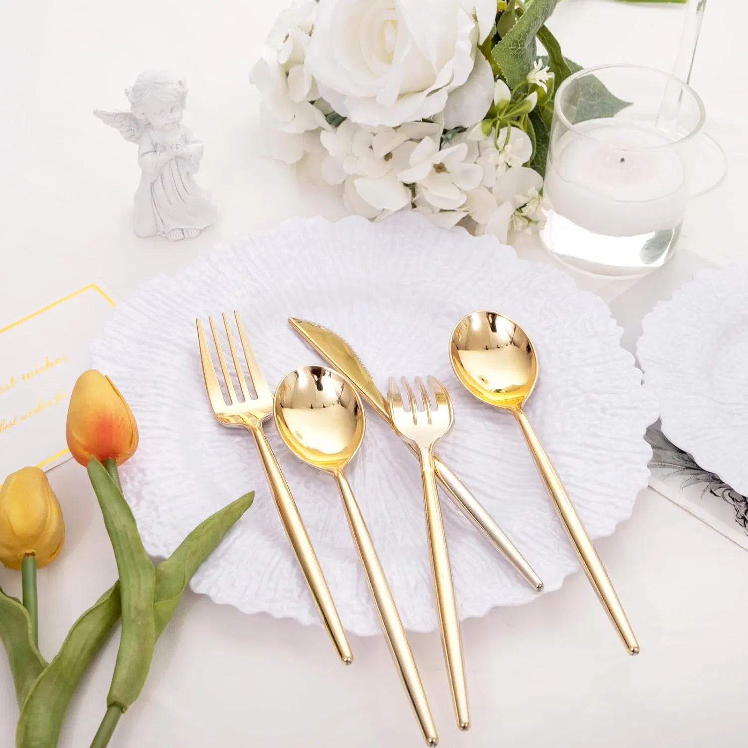 Novelty Modern Flatware Disposable Plastic Cutlery Gold Plastic Silverware, Plastic Utensils, Gold Silverware